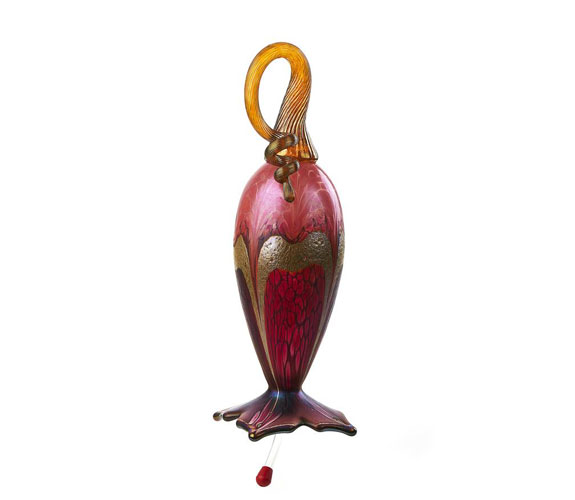 Blown Glass Hummingbird Feeder - Cranberry Top, Gold and Ruby